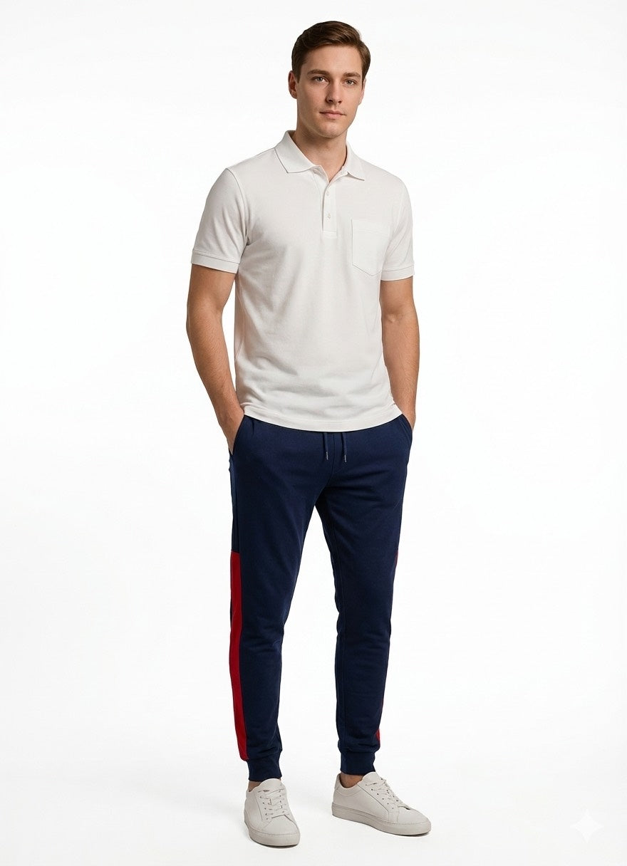Men's Off-White Polo T-Shirt & Navy Blue Jogger Combo