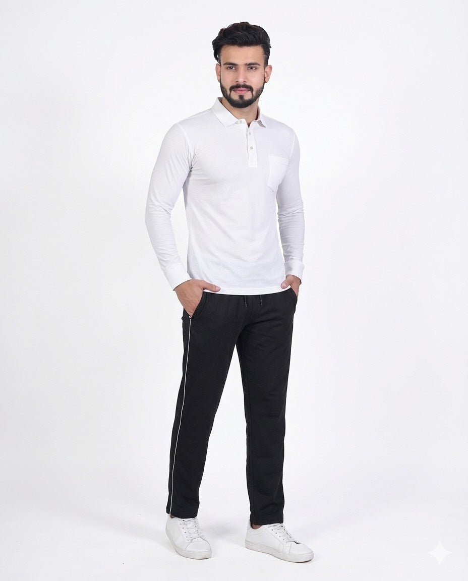 Men's White Full Sleeve Polo T-Shirt & Black Track Pant Combo