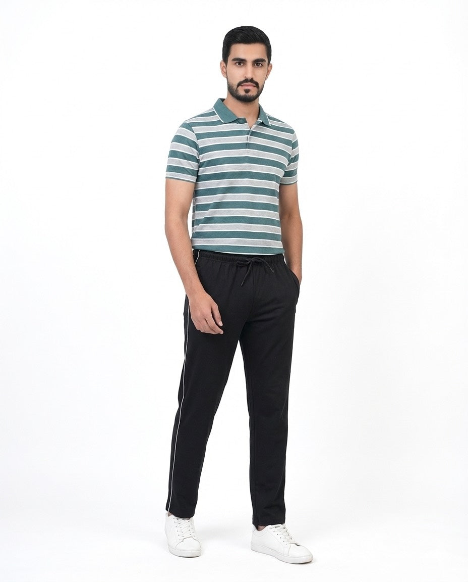 Men's Green & Grey Striped Polo T-Shirt & Black Lower Combo