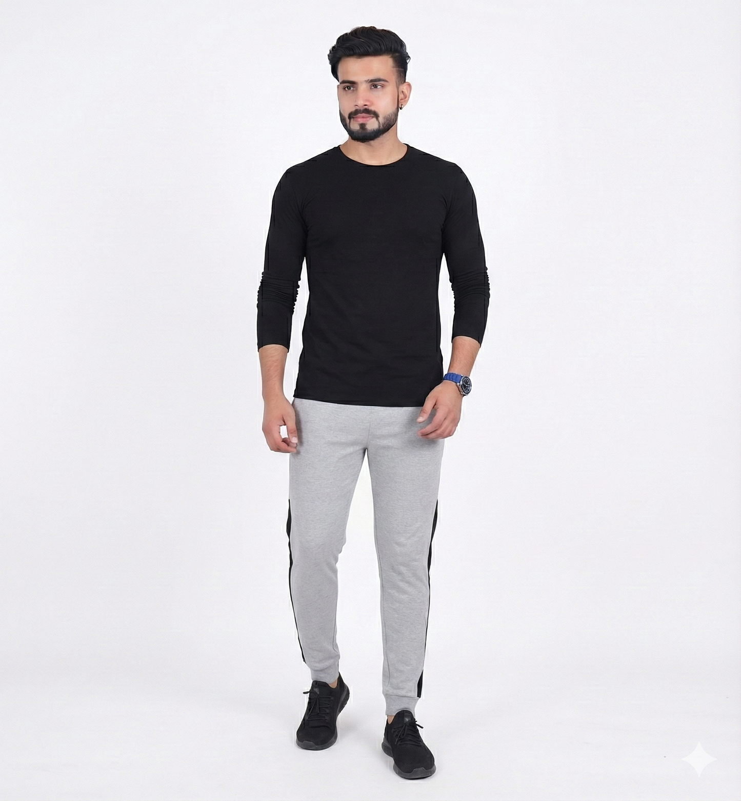 Men's Black Round Neck T-Shirt & Grey Solid Piping Lower Combo