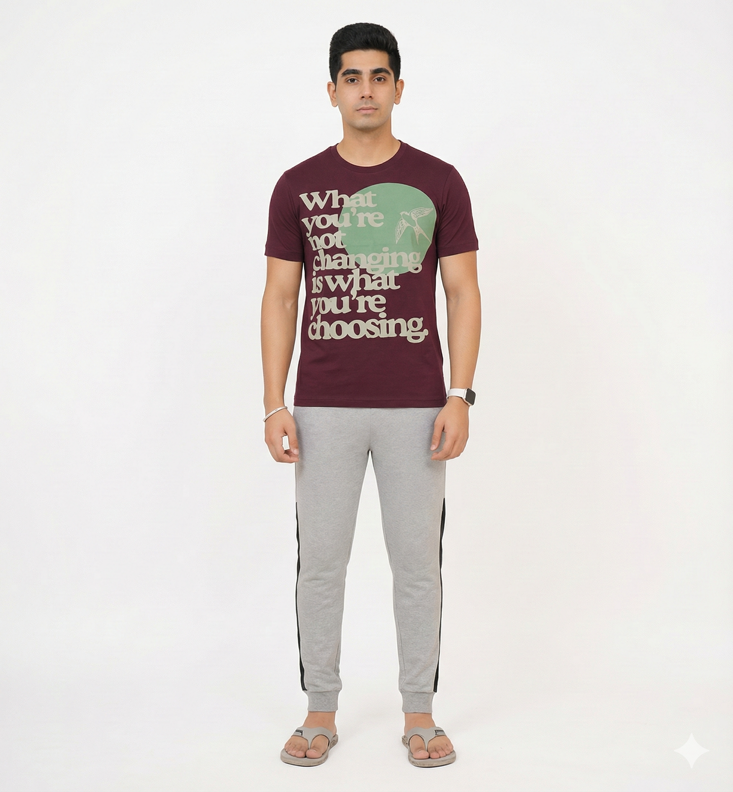 Men's Maroon Printed Round Neck T-Shirt & Grey Jogger Combo