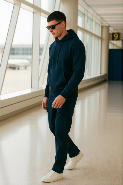 Men’s Hoodie & Cargo Jogger Co-Ord Set ( Navy Blue )